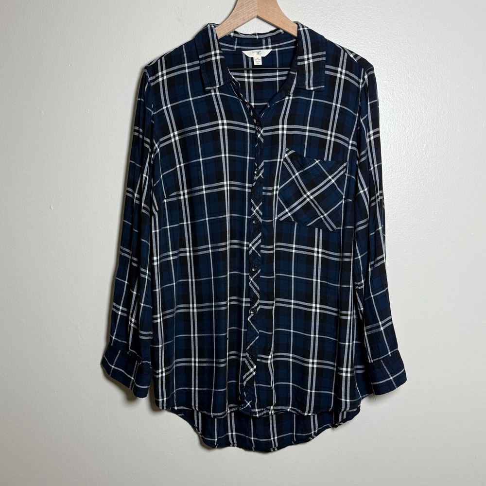 Terra & Sky Navy Blue Plaid Button Down Shirt Plus Size 1X‎ 16W-18W Long Sleeve